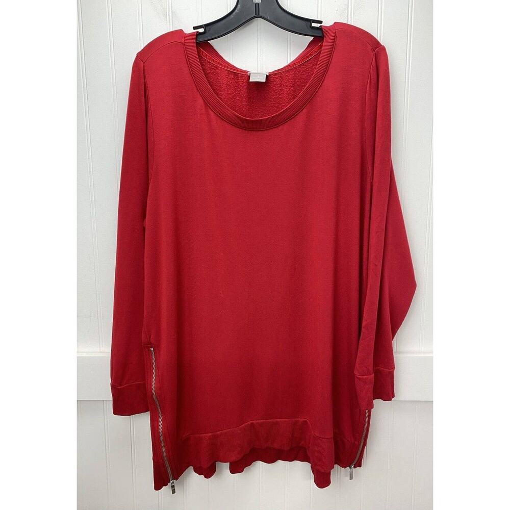Chicos Zenergy Tunic Top Sz 3 (XL) Red Long Sleeve Soft Sweatshirt Side Zippers